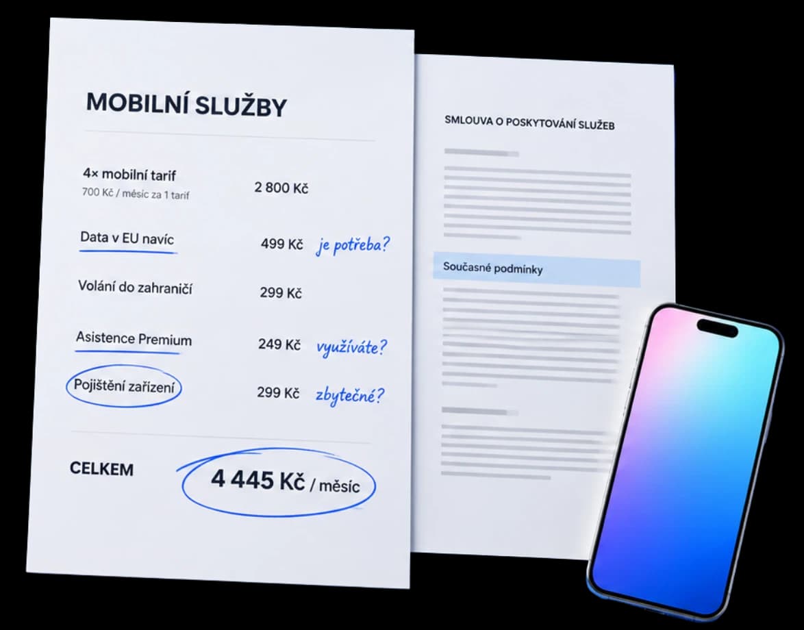 Ilustrační porovnání faktury a smlouvy s vyznačenými položkami k prověření